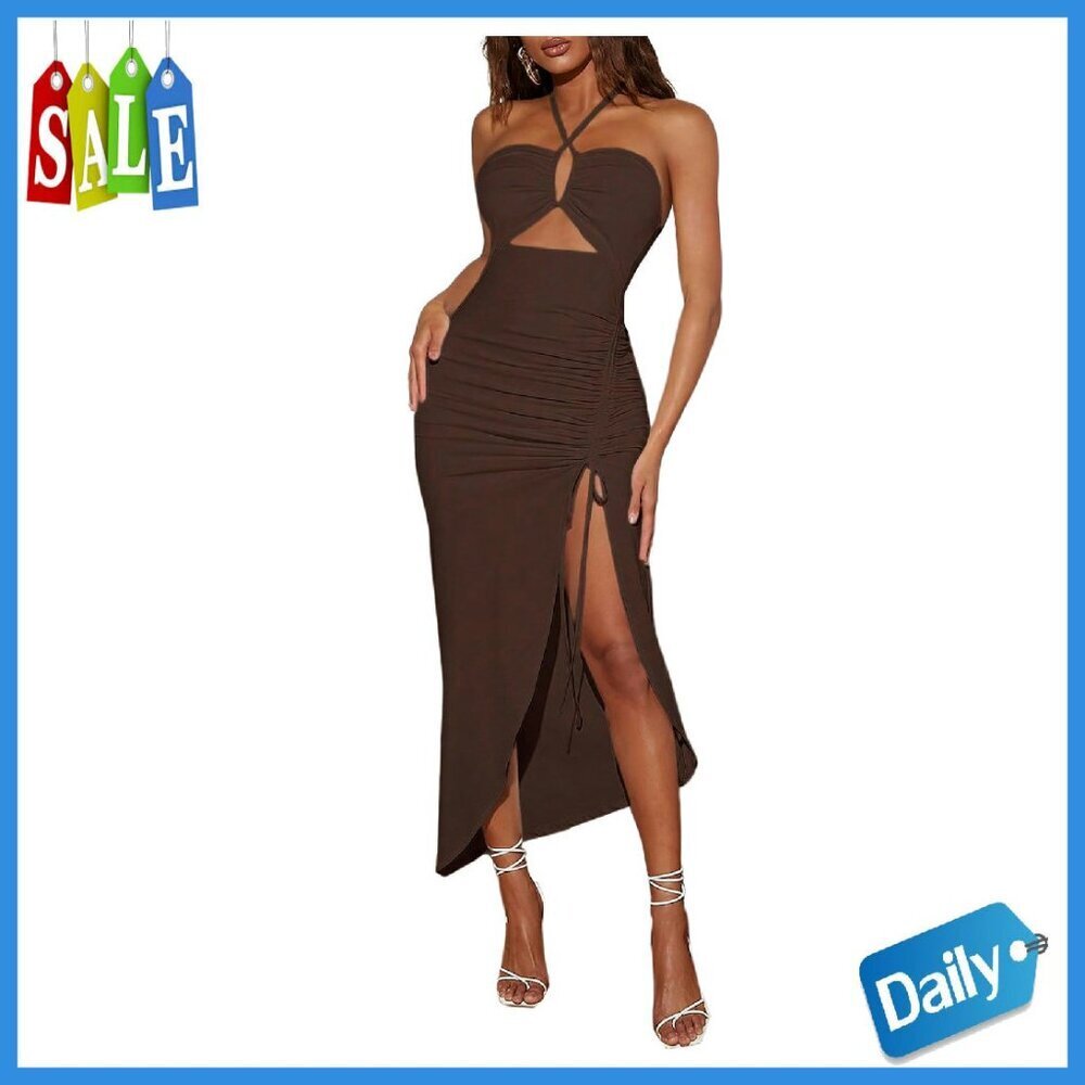 Cut Out Ruched Halter Maxi Dress with High Split Bodycon